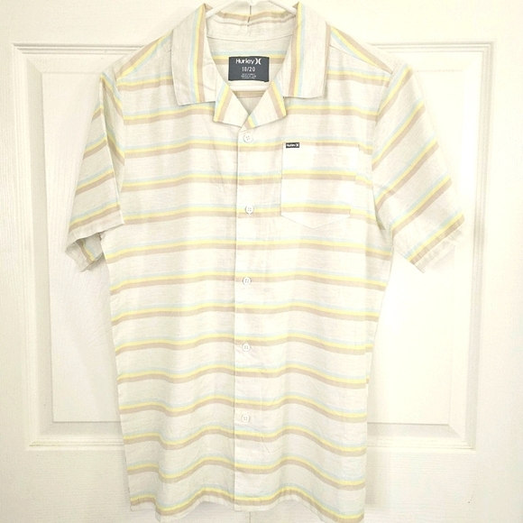 Hurley Boys 18/20 Button-Down Shirt Brown Blue Stripes Beach Summer Surf Coastal - Picture 1 of 6